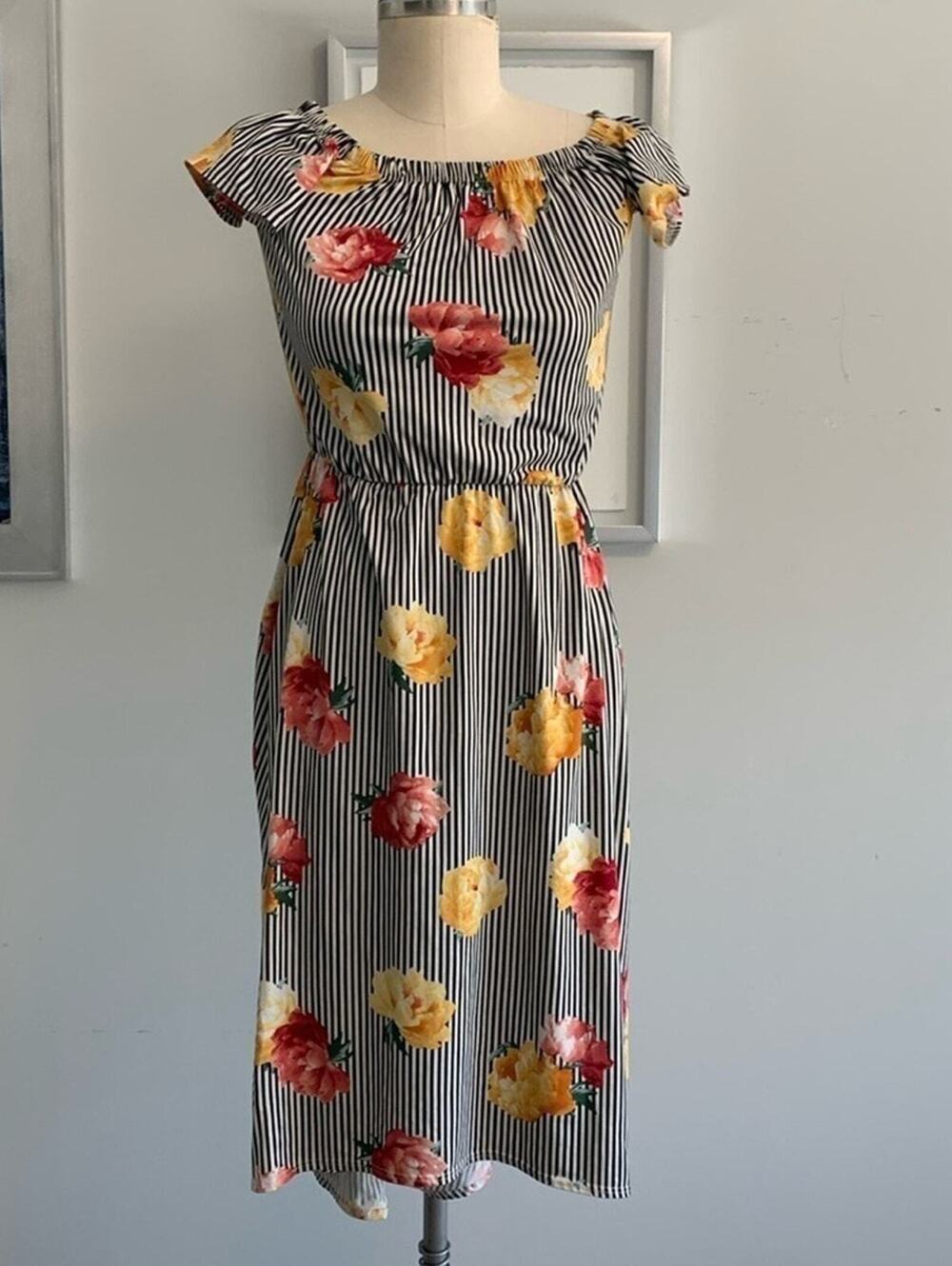 Vintage TMG Striped Floral Dress USA Made Midi Women’s Medium 80s